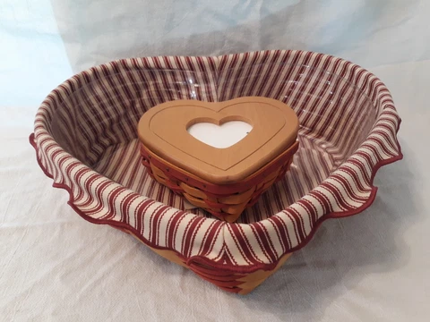 Longaberger Two Heart Shaped Baskets W/ Liner & Protector And One Lid Cover