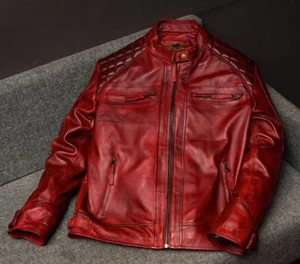 Men's Leather Jacket Handmade Biker Racing Genuine Leather Jacket Zipper Jacket - Picture 1 of 6