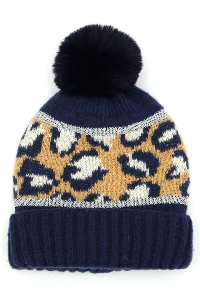 ScarvesMe Mujeres Invierno Suave Acanalado Tejido Patrón Leopardo Puño Gorro con Pompón Foto 1 de 1