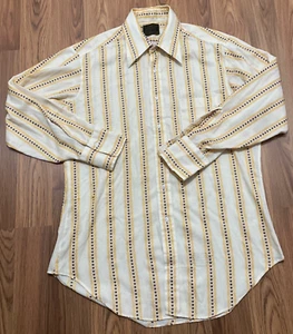 Vintage 70s Sears Disco Shirt Mens Large Yellow Bold Stripe Dagger Collar - Picture 1 of 14