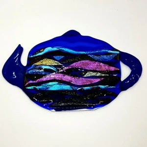 Art Glass - Fused Sparkly Dichroic Cobalt Blue Flat Teapot - 8.5"x 5.5" x 1/4" - Picture 1 of 3