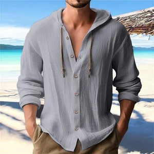 NEW men's hooded T-shirt solid color cotton linen men's casual long sleeved top - Picture 1 of 28