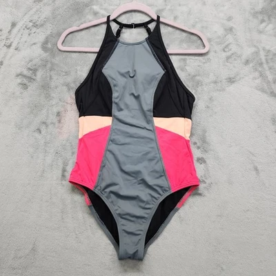 Zella Swimsuit Size S Grey Pink Colorblock High-Neck Open-Back One-Piece Beach - Image 1 of 4