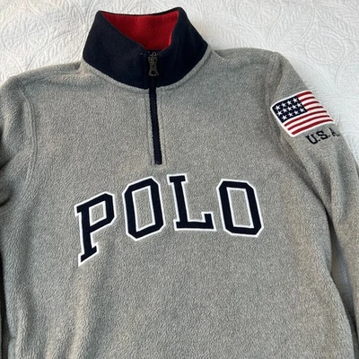 Polo Ralph Lauren Suéter Juvenil L 14-16 Gris 1/4 Cremallera Logo Bandera de EE. UU. Sudadera YL Foto 1 de 4