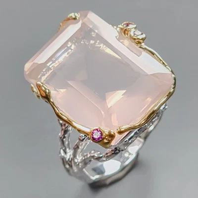 Anillo de cuarzo rosa natural hecho a mano de 36 quilates de plata de ley 925 talla 8/R438075 Foto 1 de 4