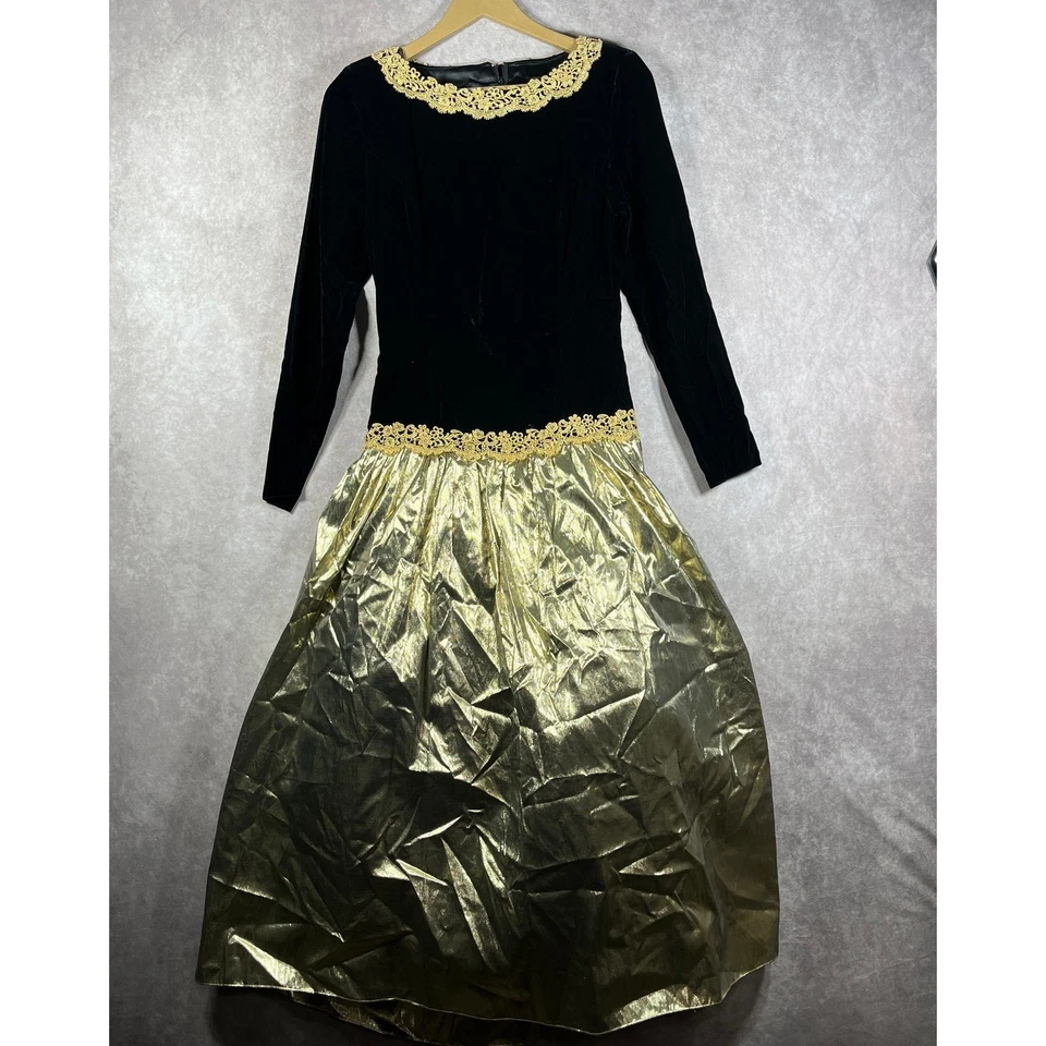 Vintage 90s Scott McClintock Gown Dress Womens 6 Black Lame Gold Formal Ball - Image 1 of 4