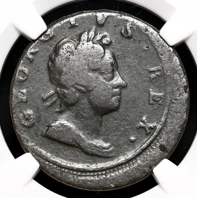 GRAN BRETAÑA. Medio penique George I, cobre "volcado", 1718, NGC fino, fuera del centro Foto 1 de 4