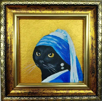 Black Cat t with Earrings Oil Painting: Gift, Framed Original Portrait, 3x3 - Image 1 of 4