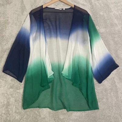 Cardigã quimono Soft Surroundings pequeno médio 100% seda azul verde branco drapeado - Imagem 1 de 4