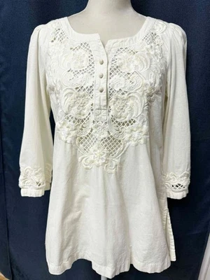 FLOREAT Anthropologie Women's Off White Peasant Boho Tunic Lace Milkmaid Top 6 - Image 1 of 4