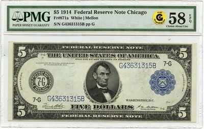 1914 $5 Federal Reserve Note Chicago FR#871a PMG AU58 EPQ GCC Gold - Image 1 of 2