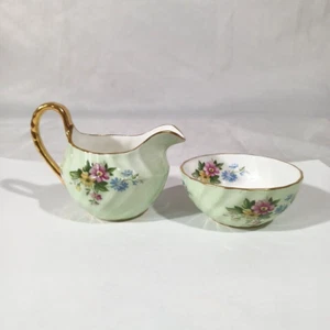 Clare Bone China grün gerippt Mini Milchkännchen und Zuckerdose Goldrand England - Bild 1 von 7