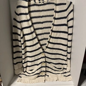 Free People FP Beach North Beach Cream & Blue Stripe Cardigan Sweater Large - Picture 1 of 7