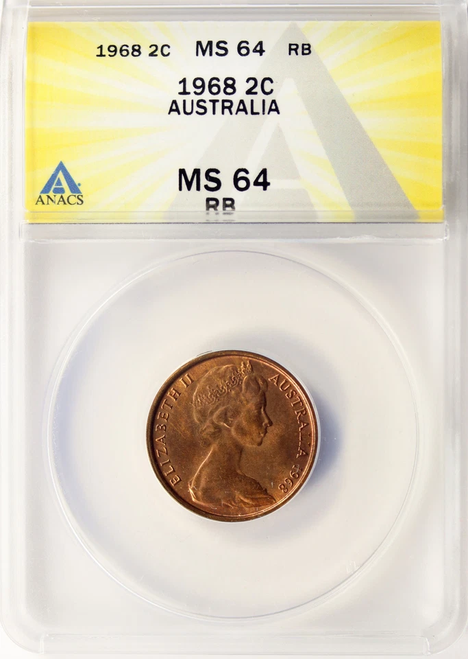Australia 1968 2c dos centavos ANACS MS64 RB Reina Isabel II Foto 1 de 4
