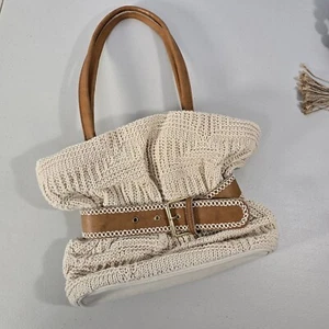 BONFANTI ITALY Natural Knit Cotton GENUINE LEATHER Trim Shoulder Bag Purse Beige - Picture 1 of 10