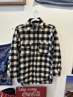 Винтажная шерстяная рубашка 1940-х Woolrich Mackinaw черная белая клетчатая на пуговицах куртка M - Изображение 1 из 4