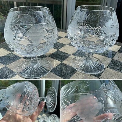 👀PAIR BRIERLEY HILL STOURBRIDGE Crystal Intaglio Grapevine 4 1/2” Brandy Glass - Image 1 of 4