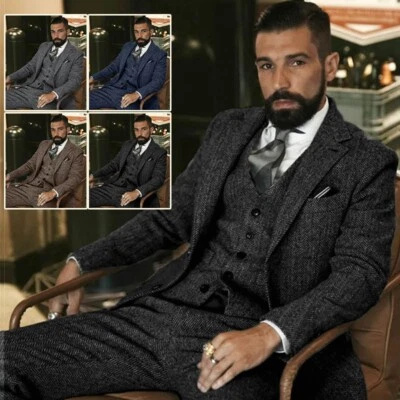 HANDMADE Men's Herringbone Tweed Suit Single Breasted Notch Lapel Blazer British Style