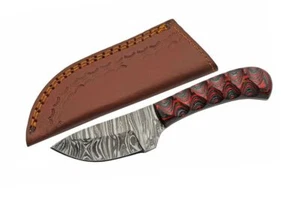 Hunting Knife | Scout Small Damascus Steel Blade Full Tang Red + Leather Sheath - Picture 1 of 6