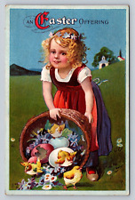 Little Girl Hatched Eggs Chickens Easter Offering Antique Early 1900s Postcard