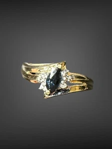 14k Yellow Gold Diamonds And Blue Sapphire Marquise Estate Ring Size 8 - Picture 1 of 9