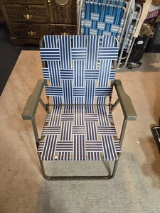 Vintage Aluminum Folding Beach Chair Webbed Low Profile Lawn Chair Blue White - Picture 1 of 3