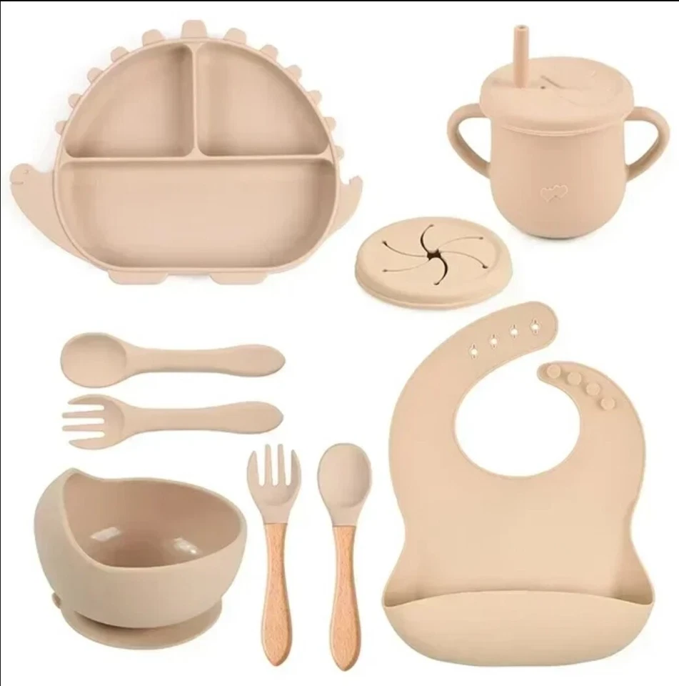 Juego de alimentación de silicona para bebé - babero, taza para sorber, taza para bocadillos, cuchara, tenedor, plato, cuenco, Foto 1 de 4