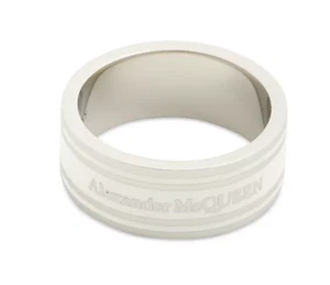 NEW W TAGS Alexander McQueen Enamel Stripe Logo Ring in White/Silver-tone - Picture 1 of 1