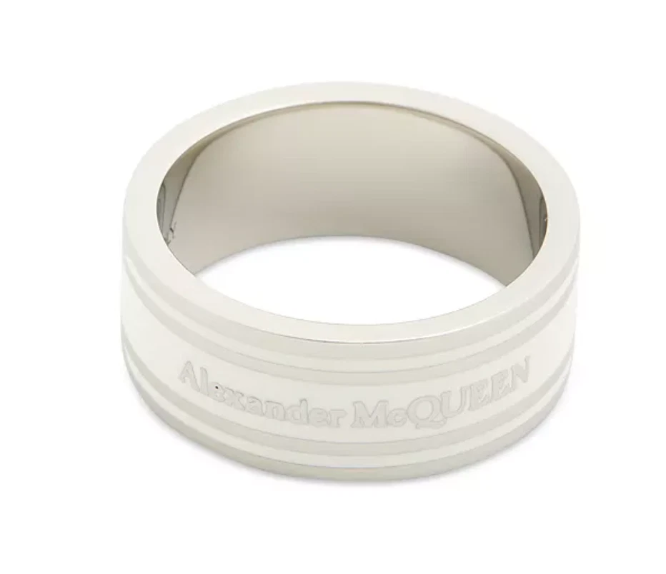 NUEVO CON ETIQUETAS Anillo Alexander McQueen Esmalte Rayas Logotipo en Blanco/Plateado Foto 1 de 1
