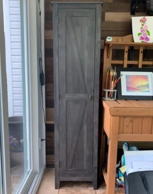 Rustic Gray Utility Storage Kitchen Cabinet Tall Slim Barn Door 4 Shelf Cupboard - Image 1 of 4