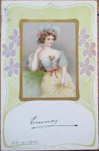 Art Nouveau 1903 Postcard, Woman and Purple Flowers, Color Litho, Erika - Picture 1 of 1