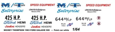 Calcomanías de tobogán acuático Mickey Thompson Ford Hemi 1963 Galaxie escala 1/64 HO Foto 1 de 2