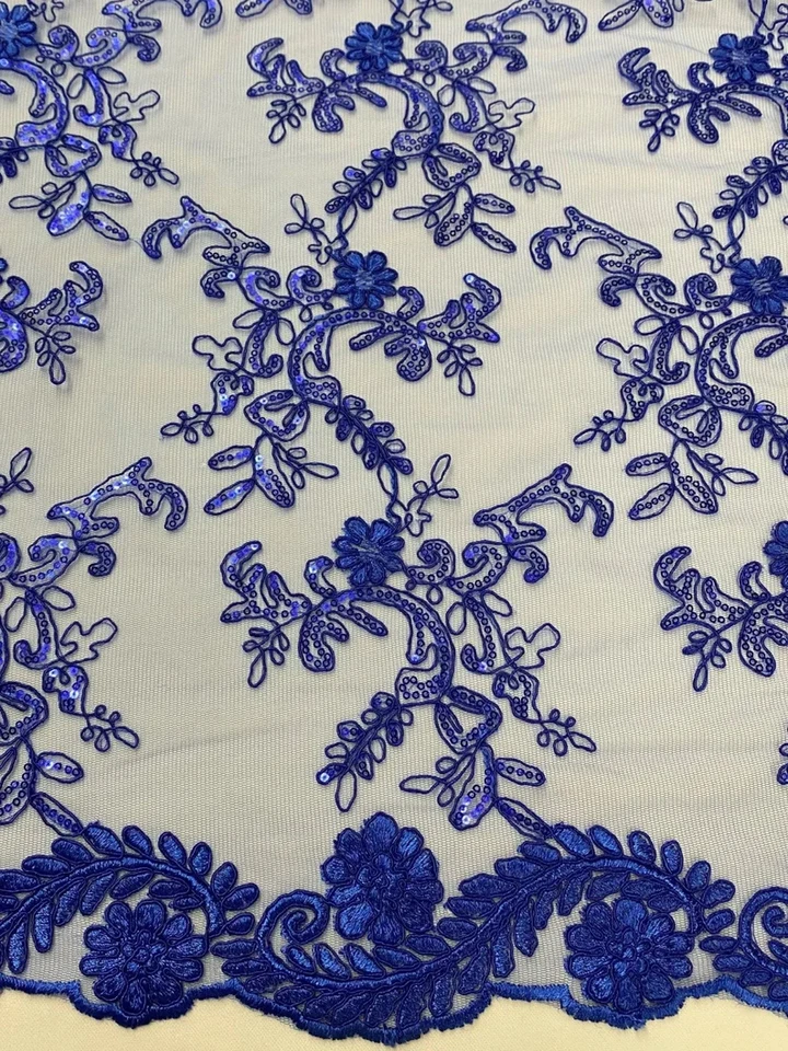 Royal blue corded Floral lace with sequin Fabric Sold By Yard 52" Wide Elena