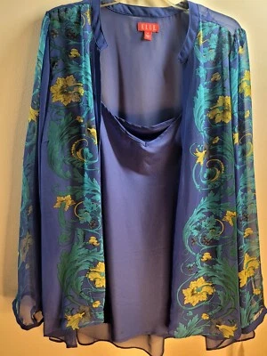 Blusa floral Elle para mujer talla 2X 2 piezas azul transparente púrpura capucha escote nueva con etiquetas informal Foto 1 de 4
