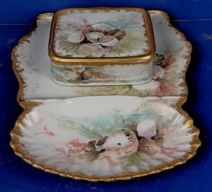 ANTIQUE FRENCH BAWO & DOTTER LIMOGES PORCELAIN SARDINE BOX & SEAFOOD DISH - Picture 1 of 10