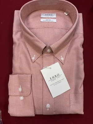 Camisa de vestir ENRO algodón no planchado LS 16 34-35 NUEVA CON ETIQUETAS Rust Gingham Foto 1 de 2