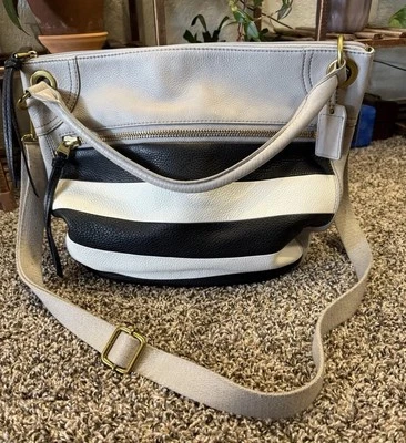 Fossil Karli Taupe 白色黑色条纹皮革流浪汉斜挎包 — 第 1/4 张图片