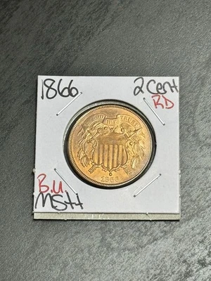1866 Two Cent Piece BU Uncirculated MS++ RD Lustrous RED US Type Coin (Raw16816) - Image 1 of 2
