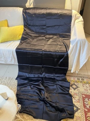 Tissu Ancien Gd Coupon De Satin De Soie Bleu Nuit Antique Night Blue Silk Satin - Photo 1/4