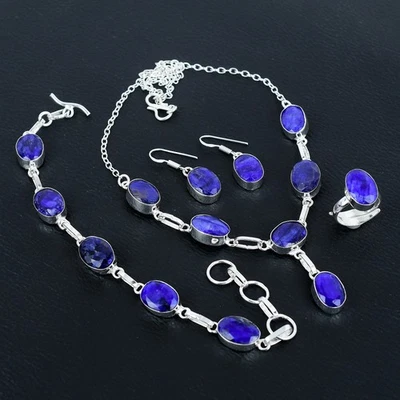 Juego de joyas de plata de ley 925 de regalo hecho a mano con piedras preciosas ovaladas de zafiro azul VJ 872 Foto 1 de 4