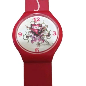 Ed Hardy Red Water Resist Skull on Face by Christian Audigier Wrist Watch WORKS! - Picture 1 of 4