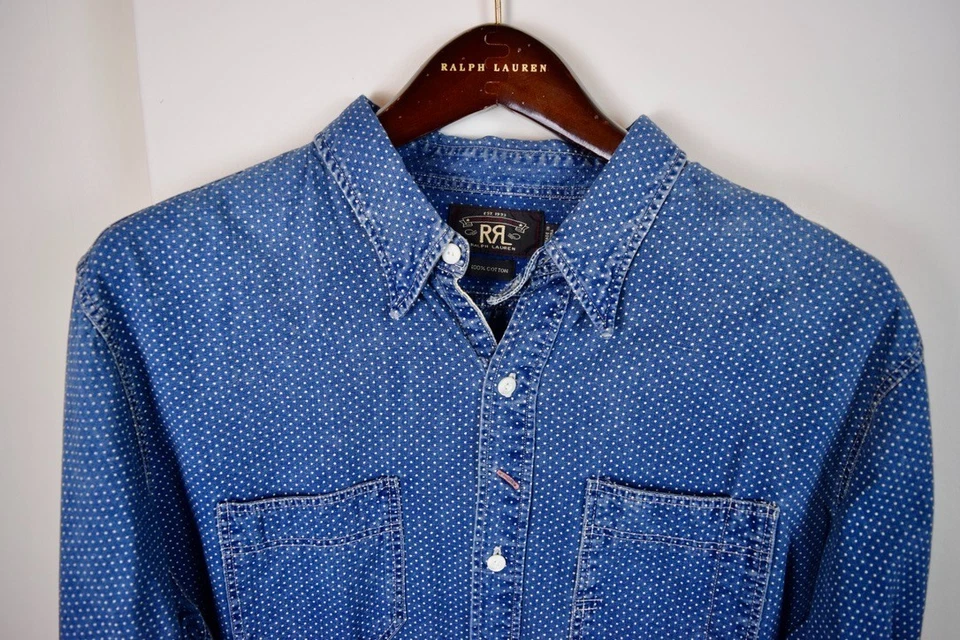 RRL Ralph Lauren Polka Dot Indigo Cloth Rounded Collar Shirt Mens Extra-Large XL - Image 1 of 4