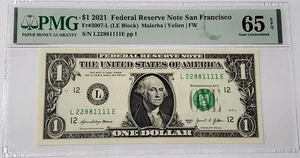 Billete de $1 2021 número de serie de lujo PMG 65 gema sin circular SUPER TRINARIO - L 22881111 E - Imagen 1 de 4