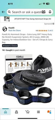 Foxelli XL Hammock Straps - Extra Long 20FT Heavy Duty No-Stretch Suspension ... - Image 1 of 3