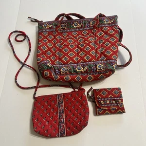 Vera Bradley Betsy Schultertasche "Villa Red" gesteppt Baumwolle nicht mehr produziert 3-teiliges Set - Bild 1 von 18