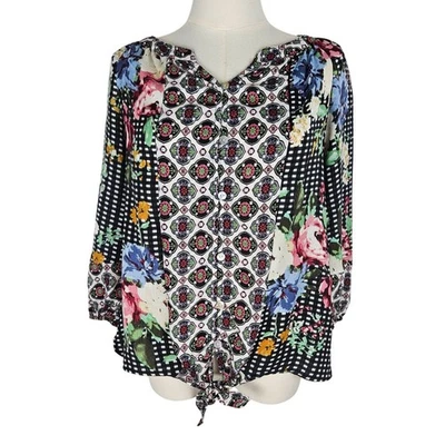 Figueroa & Flower Top Sz PM Floral & Checkered Multi Prints Boho Peasant - Image 1 of 4