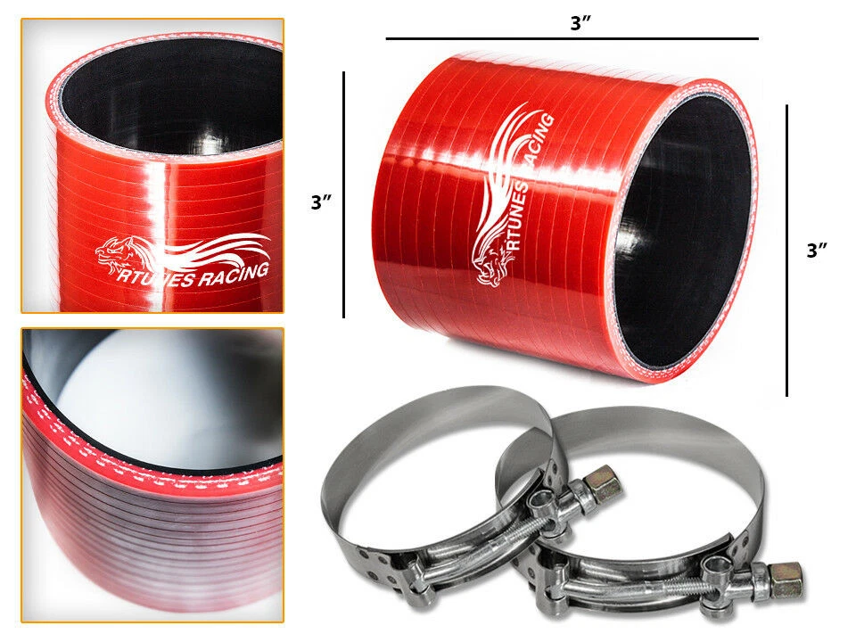 Manguera acopladora de silicona ROJA 3,0" 76 mm + abrazaderas de perno en T intercooler de admisión de aire HD Foto 1 de 1