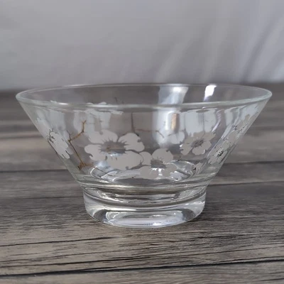 Anchor Hocking Dip Bowl 白色花朵 狗木 金色 口音 斜面 复古 MCM — 第 1/4 张图片