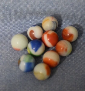 Vintage Lot of 10 White Milk Glass Multi-Color Swirl Marbles 16 mm - .6 in. C130 - Picture 1 of 3