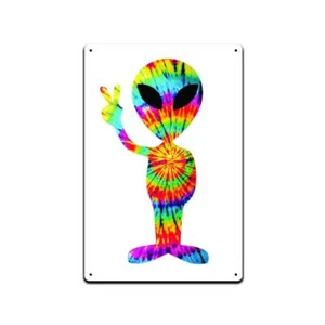 Alien Peace Sign Tie Dye Tie-Dye 12 X 8 Tin Metal Sign Décor Stones Flower - Picture 1 of 3